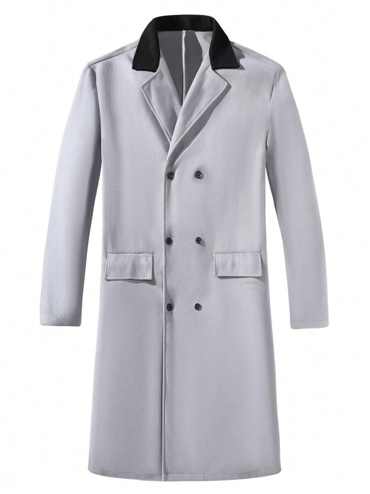 Men Contrast Collar Double Breasted Overcoat