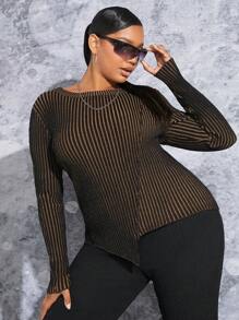 SHEIN SXY 大碼條紋圖案不對稱下擺套頭毛衣 - 鏽棕色 - 查看 3