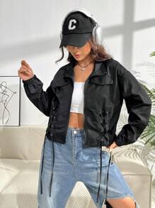SHEIN Unity Lace Up Front Drop Shoulder Drawstring Hem Jacket - Black - View 5