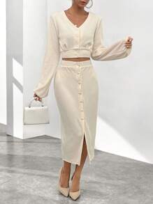 SHEIN Privé 素色前紐扣短款上衣&半身裙 - 米色 - 查看 3