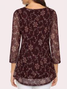 CheersLife 女士休闲 3/4 袖束腰上衣花卉双层衬衫宽松百褶网眼衬衫 - 酒紅色 - 查看 4