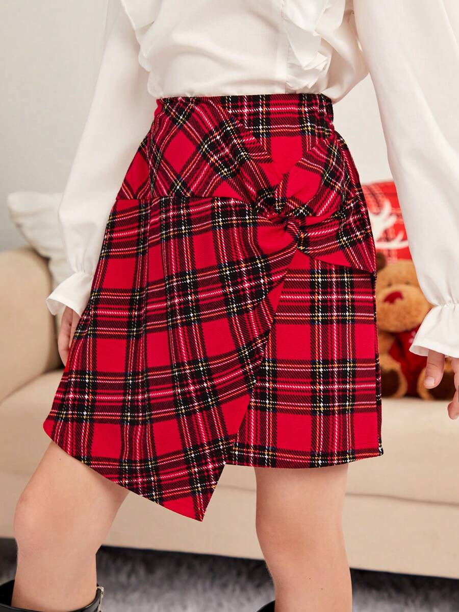 女大童1入組格子呢圖案前扭結半身裙適用於聖誕 - 彩色 - 查看 1