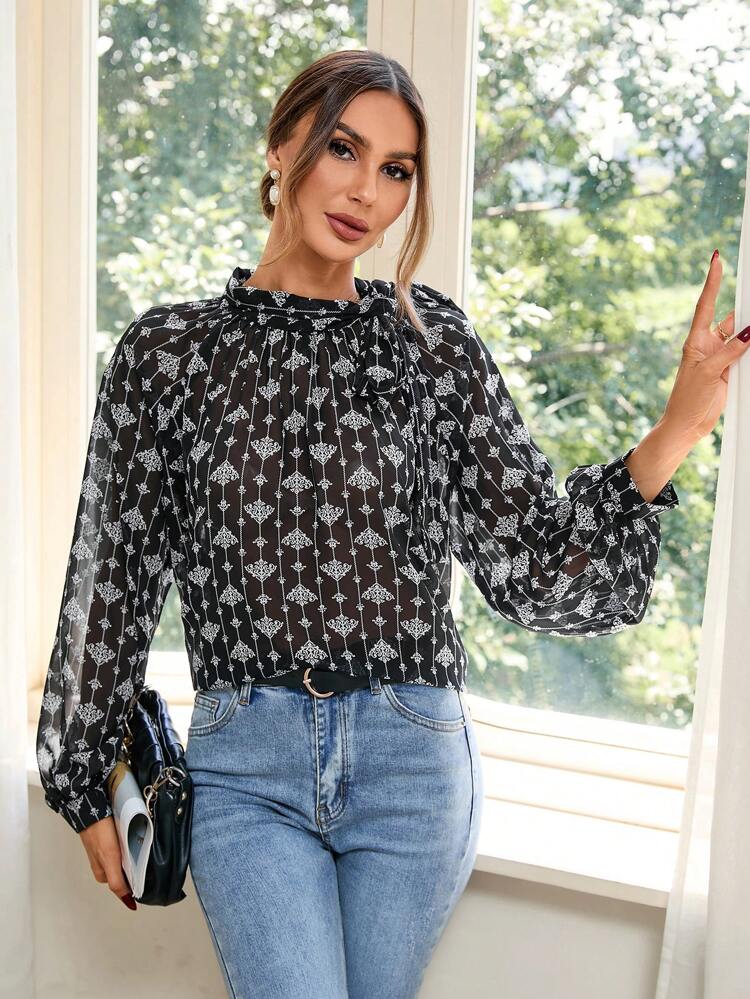 Allover Print Frill Trim Lantern Sleeve Blouse