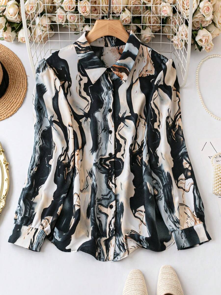 SHEIN LUNE Plus Marble Print Button Front Shirt - Multicolor - View 1