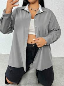 Flirla Plus Drop Shoulder Button Front Shirt - Grey - View 6