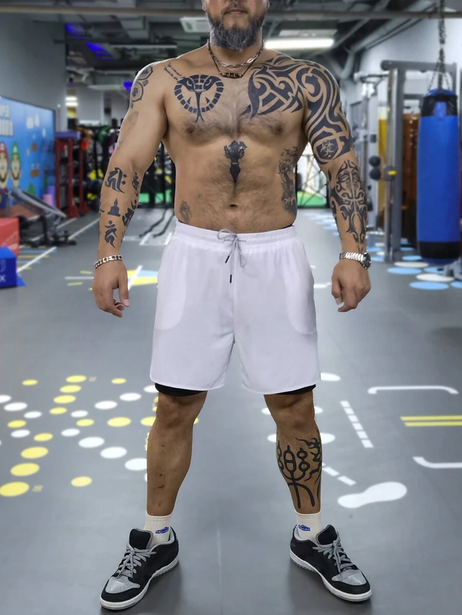 Gym Rark Men Solid Drawstring Waist 2 In 1 Sports Shorts Sweat Pants - Black and White - View 1