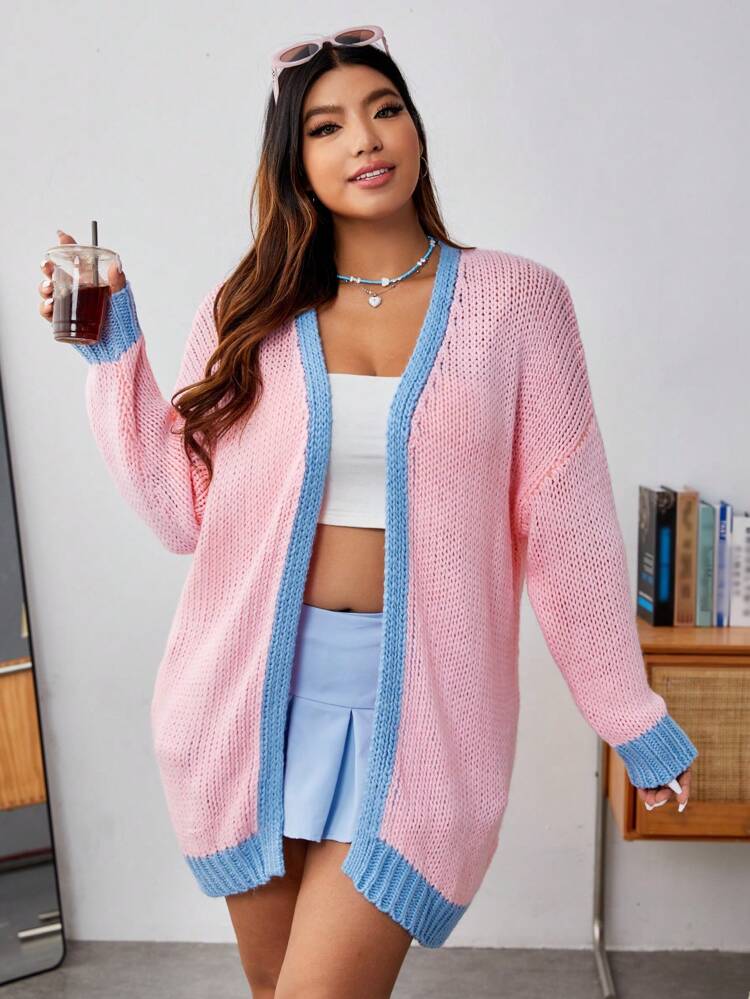 Plus Size Contrast Trim Drop Shoulder Cardigan