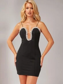 Hauture 水钻饰边低胸吊带迷你连衣裙