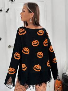 SHEIN ICON Suéter roto Halloween con patrón de calabaza de hombros caídos - Negro - Ver 4