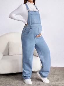 SHEIN Thai sản Đã vá Túi Quần yếm Denim Without Tee - Rửa nhẹ - Xem 5