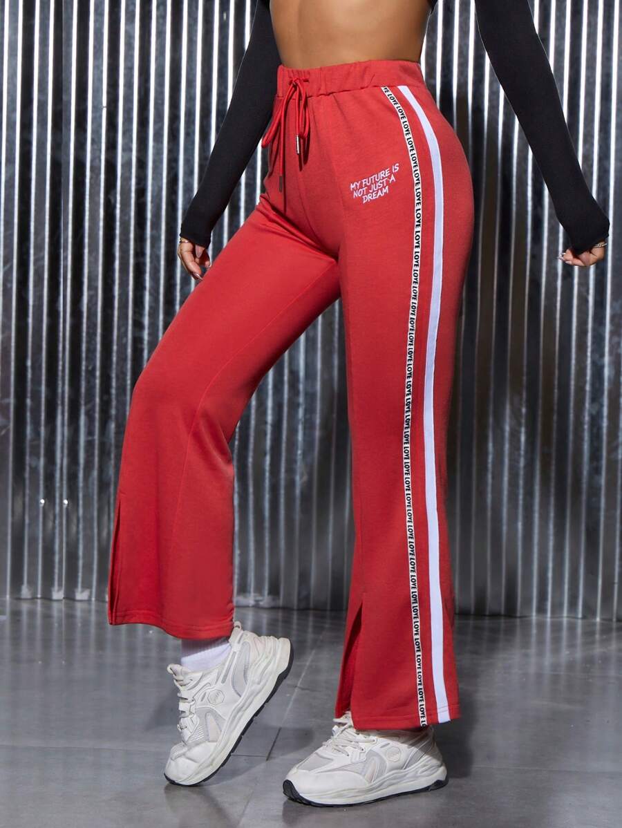 SHEIN PETITE Letter Graphic Contrast Tape Side Split Hem Drawstring Waist Flare Leg Sweatpants - Red - View 1