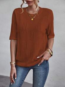 SHEIN Essnce Solid Pointelle Knit Top - Rust Brown - View 4