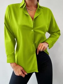EURMUSE Solid Button Front Drop Shoulder Shirt - Mustard Yellow - View 5
