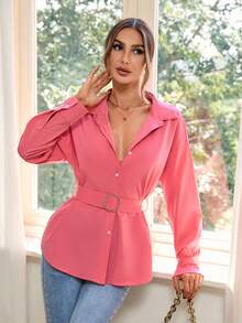 SHEIN Clasi Solid Button Front Belted Shirt - Pink - View 5