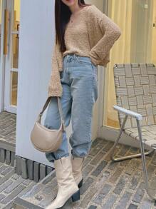 DAZY Solid Drop Shoulder Cardigan & Tank Knit Top,Fall Women Clothes - Apricot - View 8