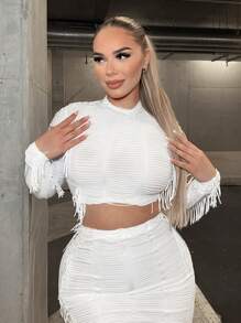 SHEIN SXY Mock Neck Crop Top & Asymmetrical Hem Skirt - White - View 4