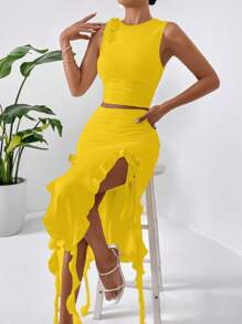 SHEIN Privé 素色背心上衣&荷葉邊不對稱下擺半身裙 - 黃色 - 查看 4