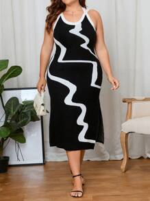 SHEIN Privé Plus Wave Striped Pattern Tie Back Split Thigh Sweater Dress - Black and White - View 1