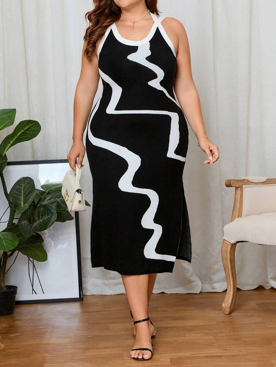 SHEIN Privé Plus Wave Striped Pattern Tie Back Split Thigh Sweater Dress - Black and White - View 1