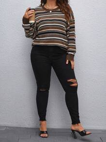 SHEIN CURVE+ Plus Striped Pattern Drop Shoulder Sweater - Multicolor - View 3