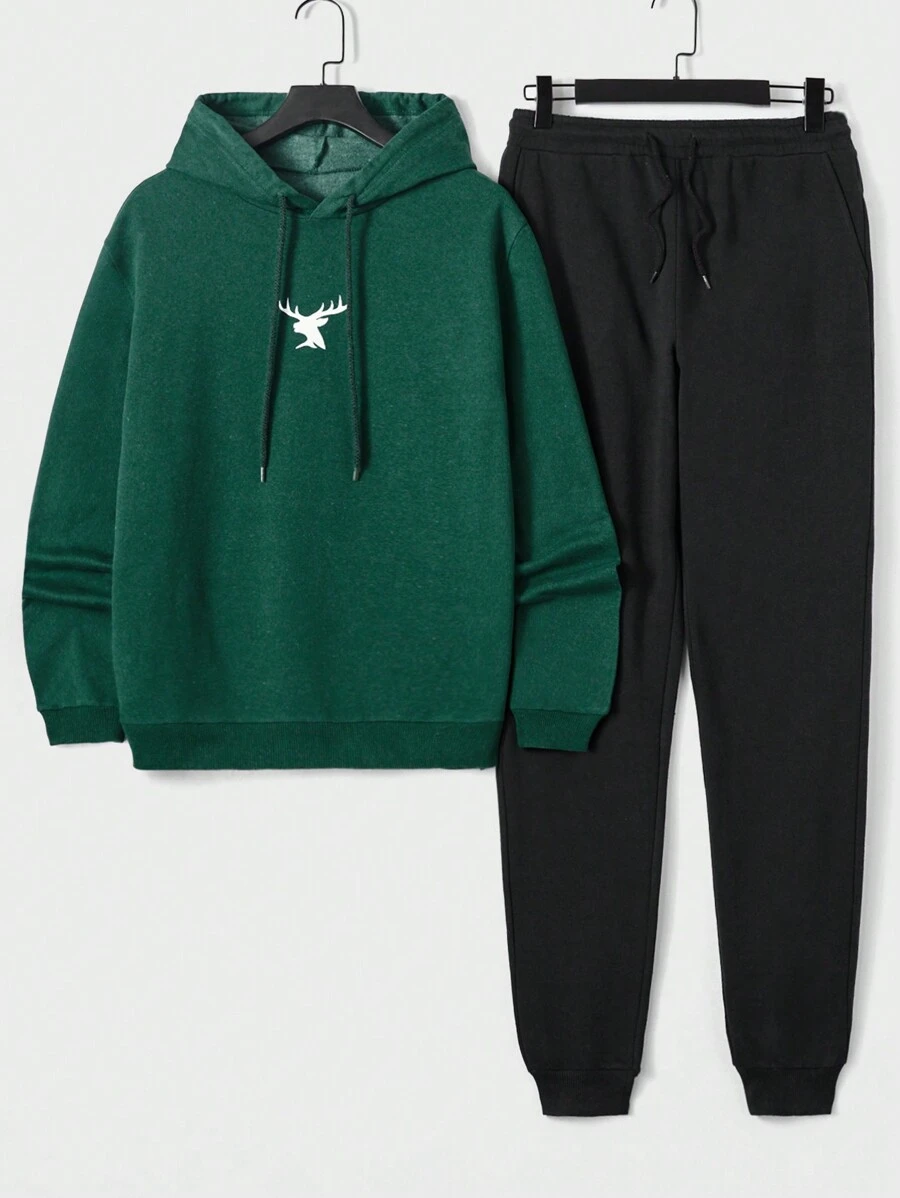 EURMUSE Men Deer Print Drawstring Sweatshirt & Sweatpants - Green - View 1