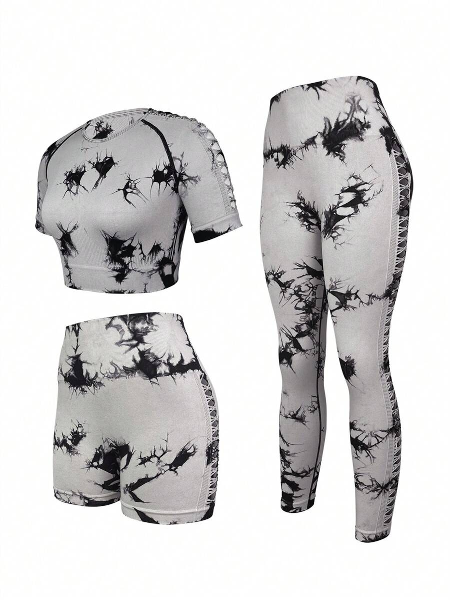 Easithlete 紮染圖案運動T恤和寬腰帶運動打底褲 - 彩色 - 查看 1