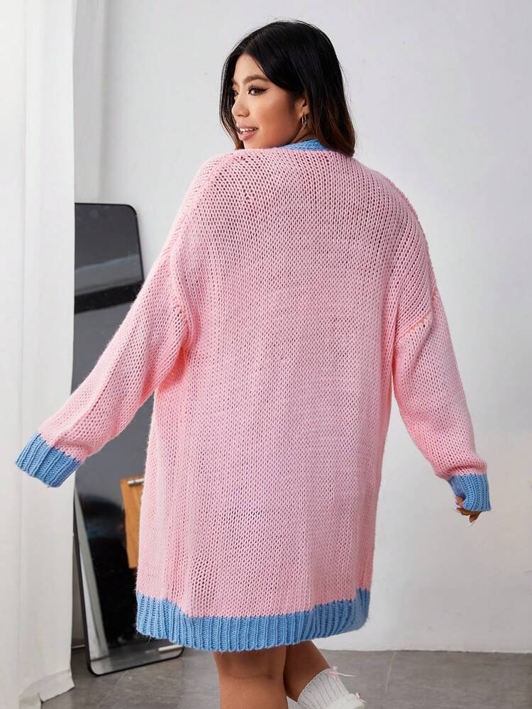 Plus Size Contrast Trim Drop Shoulder Cardigan