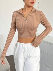 SHEIN EZwear Áo len dệt kim có gân nửa khóa kéo - Màu Khaki - Xem 3