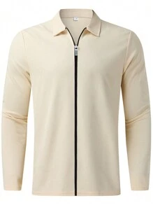 男士素色拉鏈開襟夾克 - 卡其色 - 查看 3