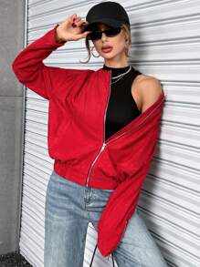 SHEIN Essnce Dây kéo Chất rắn Dây kéo Áo khoác - Đỏ - Xem 5