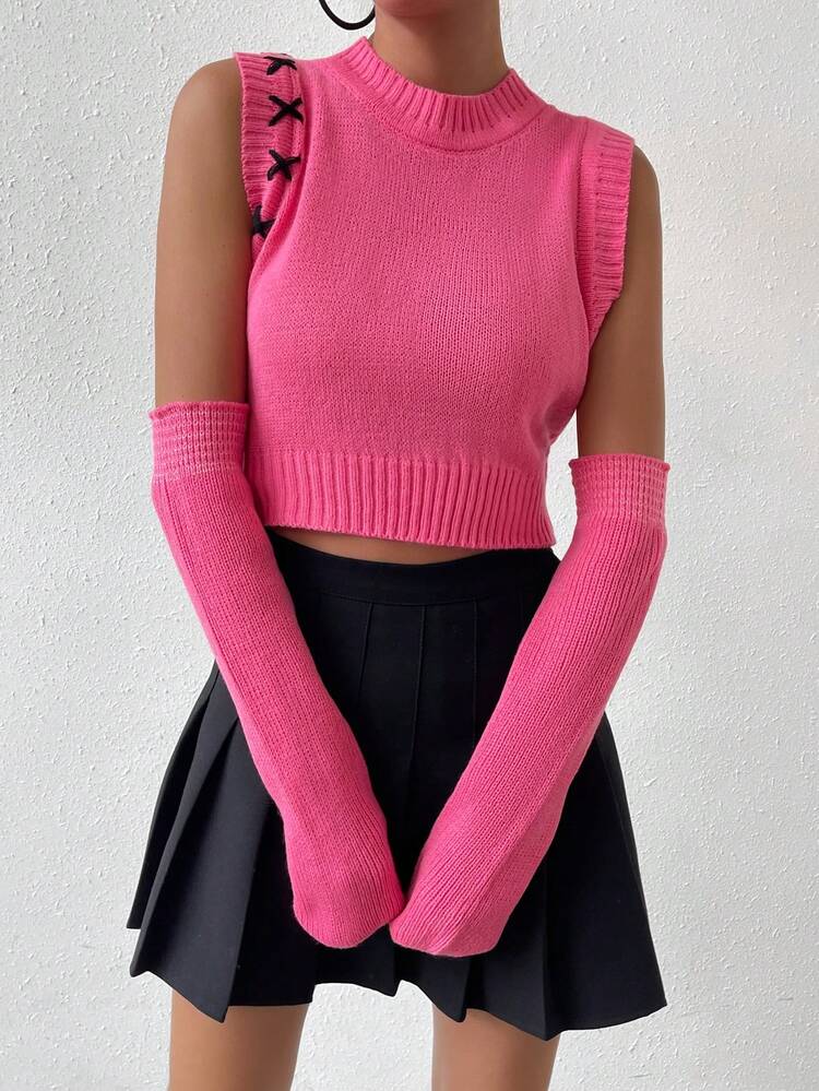Button Detail Knit Top With Arm Sleeves