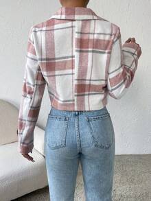 SHEIN Essnce Plaid Print Flap Detail Crop Overcoat - Watermelon Pink - View 2