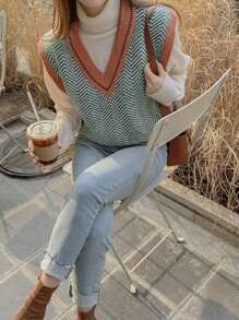DAZY Chevron Pattern Contrast Trim Sweater Vest - Multicolor - View 5