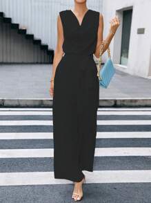 SHEIN Privé cổ áo xếp nếp Tự thắt lưng Không tay Áo liền quần - màu đen - Xem 4