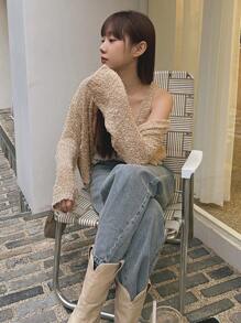 DAZY Solid Drop Shoulder Cardigan & Tank Knit Top,Fall Women Clothes - Apricot - View 7