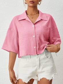 SHEIN EZwear 落肩口袋貼花襯衫 - 粉色 - 查看 3