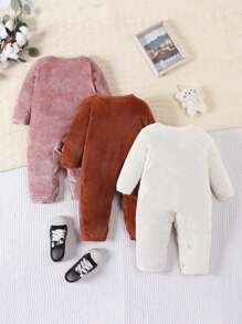 SHEIN 女嬰3入組刺繡卡通和字母圖案連身褲 - 彩色 - 查看 2