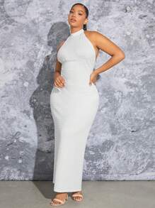 SHEIN SXY 大碼露背開衩掛脖洋裝 - 白色 - 查看 4