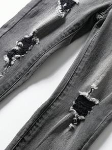 男童破洞水洗牛仔褲 - 黑色 - 查看 3