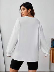 SHEIN EZwear 大碼字母圖案落肩T恤 - 白色 - 查看 2