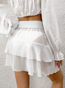Soleia Layered Ruffle Trim Cover Up Skirt - White - View 2