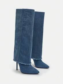 牛仔高跟尖頭長款靴子 - 藍色 - 查看 1