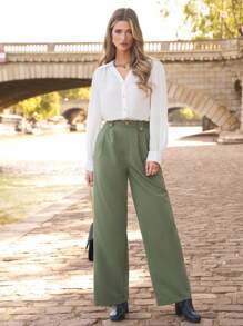 SHEIN Frenchy 素色闊腿褲 - 綠色 - 查看 6