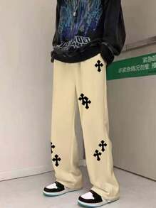 Manfinity EMRG 男士交叉印花腰部抽繩衛褲 - 杏色 - 查看 3