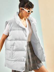 RueChic Solid Button Front Vest Puffer Coat - Light Grey - View 1