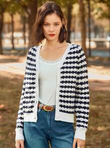SHEIN Frenchy Strickjacke mit Geo Muster und Knopfleiste vorne - Blau-Weiß - Übersicht 4