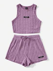 Muchica 字母拼貼細節背心和抽繩腰短褲 - 紫丁香色 - 查看 3