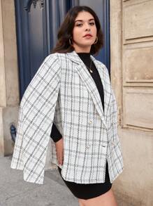 SHEIN Privé Talla grande Abrigo con estampado de cuadros de manga capa de doble botonadura - Blanco y Negro - Ver 5