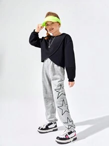 Tween Girl Star Print Elastic Waist Sweatpants - Light Grey - View 3