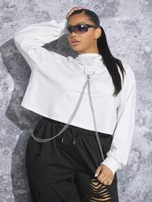 SHEIN SXY Plus Chain Detail Drop Shoulder Hoodie - White - View 6
